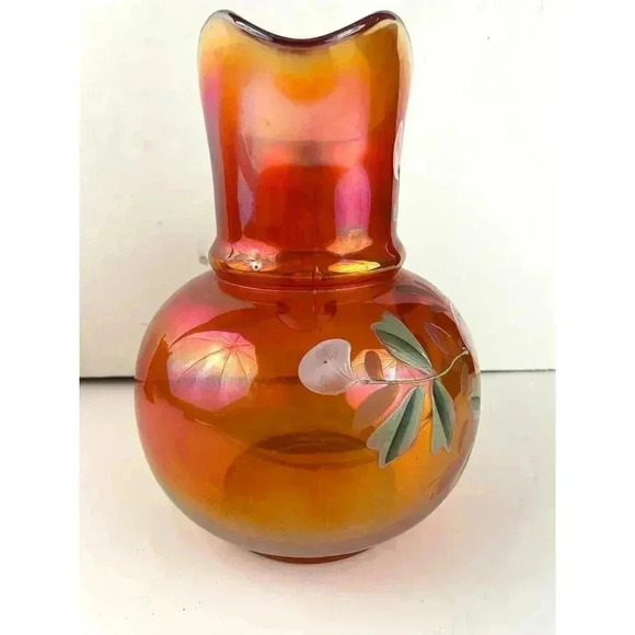 VTG Carnival Glass Orange Iridescent Pitcher Glass Blown Hand Painted 10" Floral - Picture 4 of 16